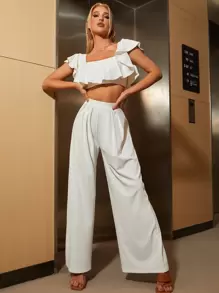 PARTHEA 一字肩荷葉邊短款上衣和闊腿褲 - 白色 - 查看 1