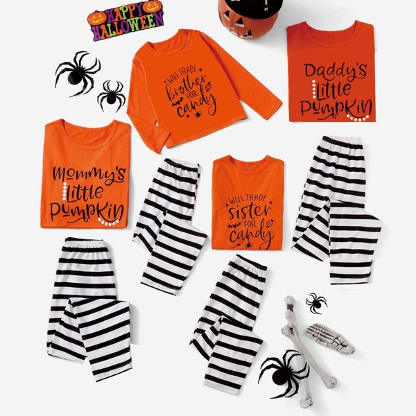 

1pc Halloween And Letter Graphic Tee & 1pc Striped Pants, Multicolor