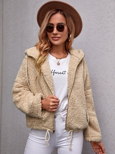 Solid Teddy Zipper Up Hooded Jacket