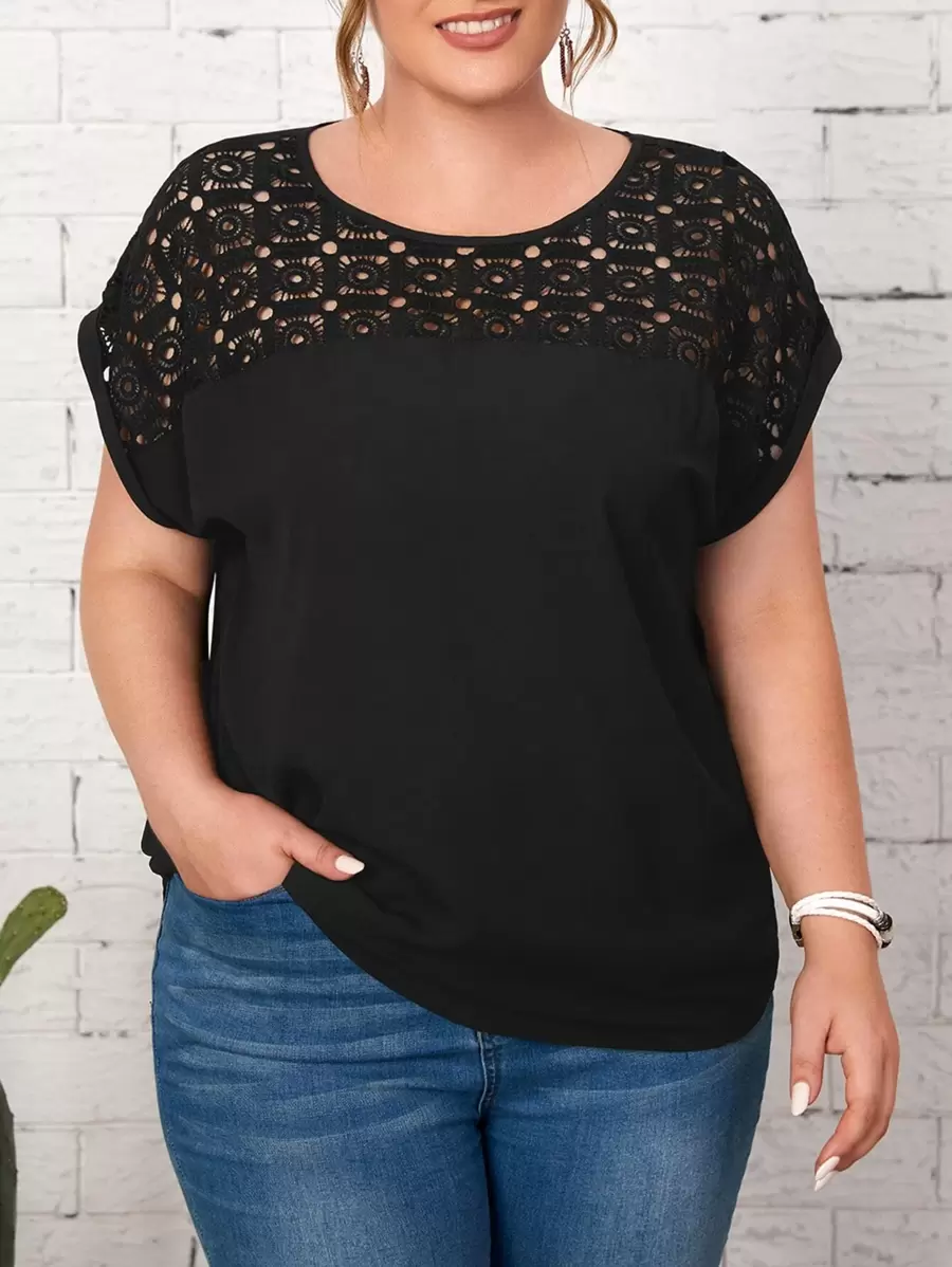 EMERY ROSE Plus Guipure Lace Yoke Cuffed Sleeve Top - Black - View 1