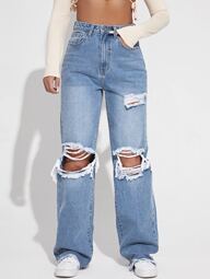 SHEIN EZwear Women's Summer Ripped Cutout Wide Leg Jeans,Ladies Casual Button,Cut Out,Pocket,Ripped,Washed,Zipper High Waist Wide Leg Long Light Wash Regular Fit Women Jeans,Spring/Fall,Casual Daily Wear