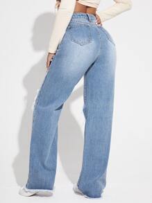 SHEIN EZwear 女士夏季破洞阔腿牛仔裤，女士休闲纽扣、镂空、口袋、破洞、水洗、拉链高腰阔腿长款轻度水洗常规版型女士牛仔裤，春/秋，休闲日常穿着 - 淺色水洗藍 - 查看 2