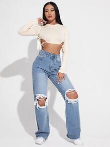 SHEIN EZwear 女士夏季破洞阔腿牛仔裤，女士休闲纽扣、镂空、口袋、破洞、水洗、拉链高腰阔腿长款轻度水洗常规版型女士牛仔裤，春/秋，休闲日常穿着 - 淺色水洗藍 - 查看 3