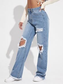 SHEIN EZwear 女士夏季破洞阔腿牛仔裤，女士休闲纽扣、镂空、口袋、破洞、水洗、拉链高腰阔腿长款轻度水洗常规版型女士牛仔裤，春/秋，休闲日常穿着 - 淺色水洗藍 - 查看 4