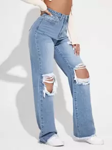 SHEIN EZwear 女士夏季破洞阔腿牛仔裤，女士休闲纽扣、镂空、口袋、破洞、水洗、拉链高腰阔腿长款轻度水洗常规版型女士牛仔裤，春/秋，休闲日常穿着 - 淺色水洗藍 - 查看 5