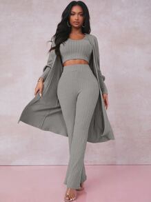 SHEIN Conjunto top tank corto tejido de canalé con abrigo con pantalones de pierna amplia - Gris - Ver 1