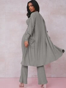 SHEIN Conjunto top tank corto tejido de canalé con abrigo con pantalones de pierna amplia - Gris - Ver 2