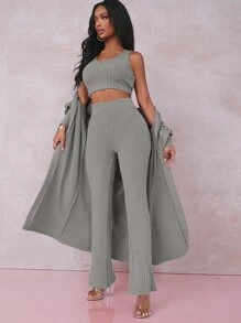 SHEIN Conjunto top tank corto tejido de canalé con abrigo con pantalones de pierna amplia - Gris - Ver 3