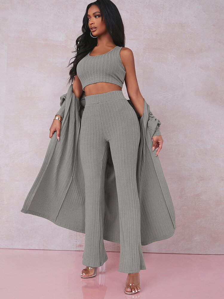 SHEIN Conjunto top tank corto tejido de canalé con abrigo con pantalones de pierna amplia - Gris - Añade 3