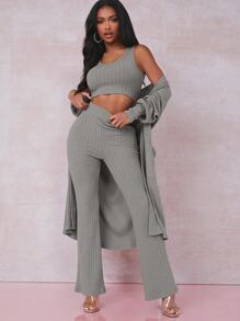 SHEIN Conjunto top tank corto tejido de canalé con abrigo con pantalones de pierna amplia - Gris - Ver 4