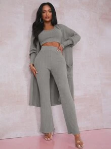 SHEIN Conjunto top tank corto tejido de canalé con abrigo con pantalones de pierna amplia - Gris - Ver 5