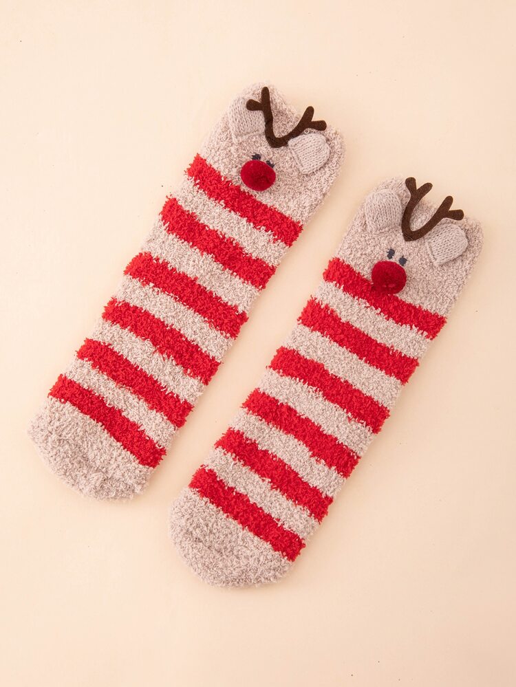 Christmas Striped Print Fuzzy Socks
