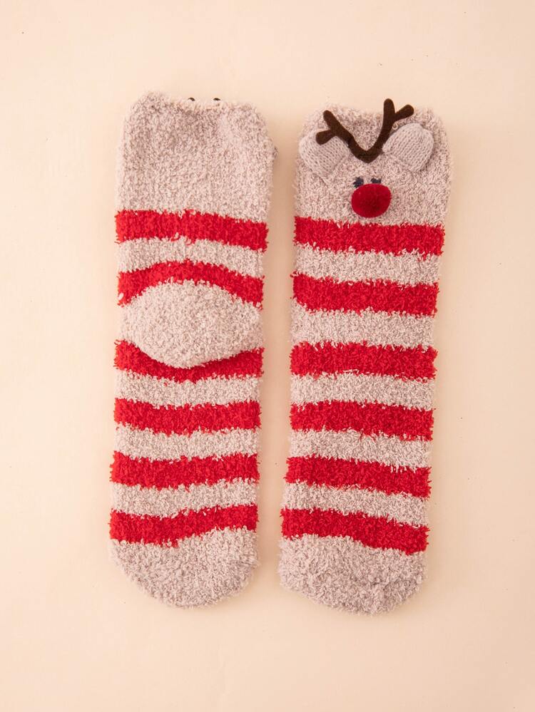 Christmas Striped Print Fuzzy Socks