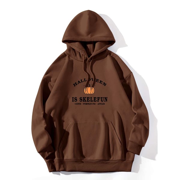 

Plus Halloween Print Drop Shoulder Drawstring Hoodie, Coffee brown