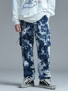 Hombres Pantalones cargo de tie dye de cintura con cordón - Azul - Ver 1