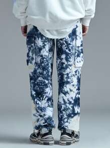 Hombres Pantalones cargo de tie dye de cintura con cordón - Azul - Ver 2