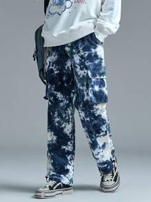 Hombres Pantalones cargo de tie dye de cintura con cordón - Azul - Ver 3