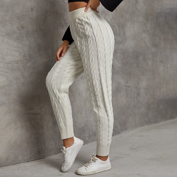 

High Waist Cable Knit Pants, Beige