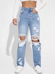 SHEIN EZwear Jeans de pierna recta de talle alto desgarro
