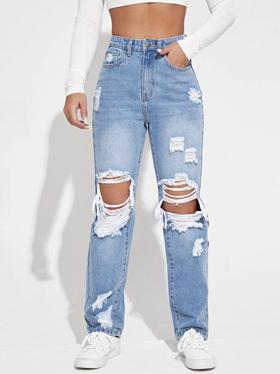 SHEIN EZwear Jeans de pierna recta de talle alto desgarro
