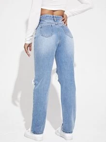 SHEIN EZwear Jeans de pierna recta de talle alto desgarro