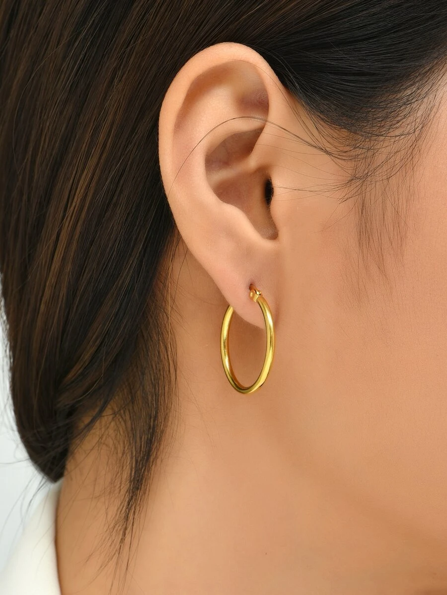 Stainless Steel Hoop Earrings - Yellow Gold - View 1