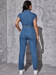 Jumpsuit con bolsillo con solapa con cinturón mezclilla - Azul lavado medio - Ver 2