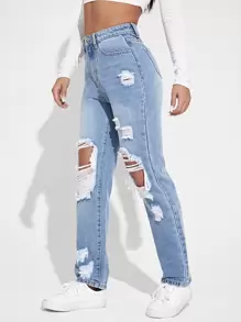 SHEIN EZwear Jeans de pierna recta de talle alto desgarro