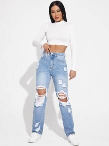 SHEIN EZwear Jeans de pierna recta de talle alto desgarro