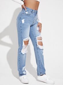 SHEIN EZwear Jeans de pierna recta de talle alto desgarro