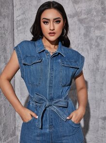 Jumpsuit con bolsillo con solapa con cinturón mezclilla - Azul lavado medio - Ver 5
