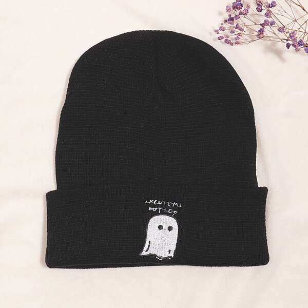 

Ghost Embroidery Knit Beanie, Black