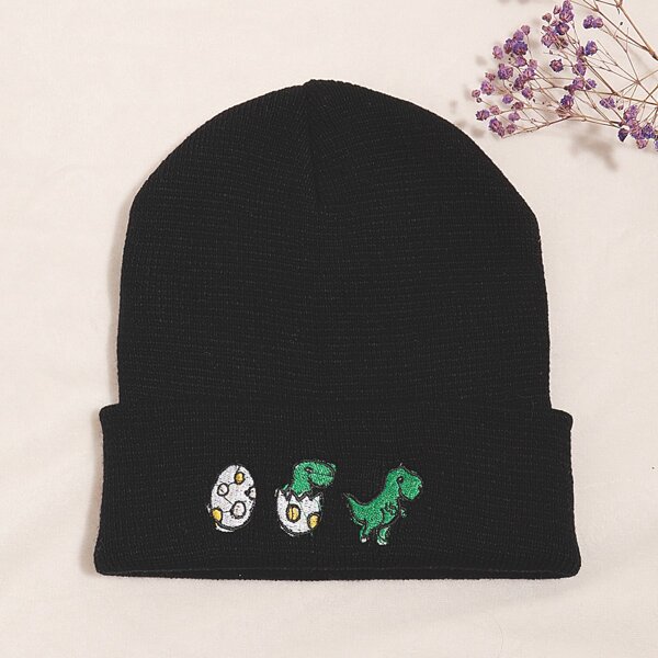 

Dinosaur Embroidery Knit Beanie, Black