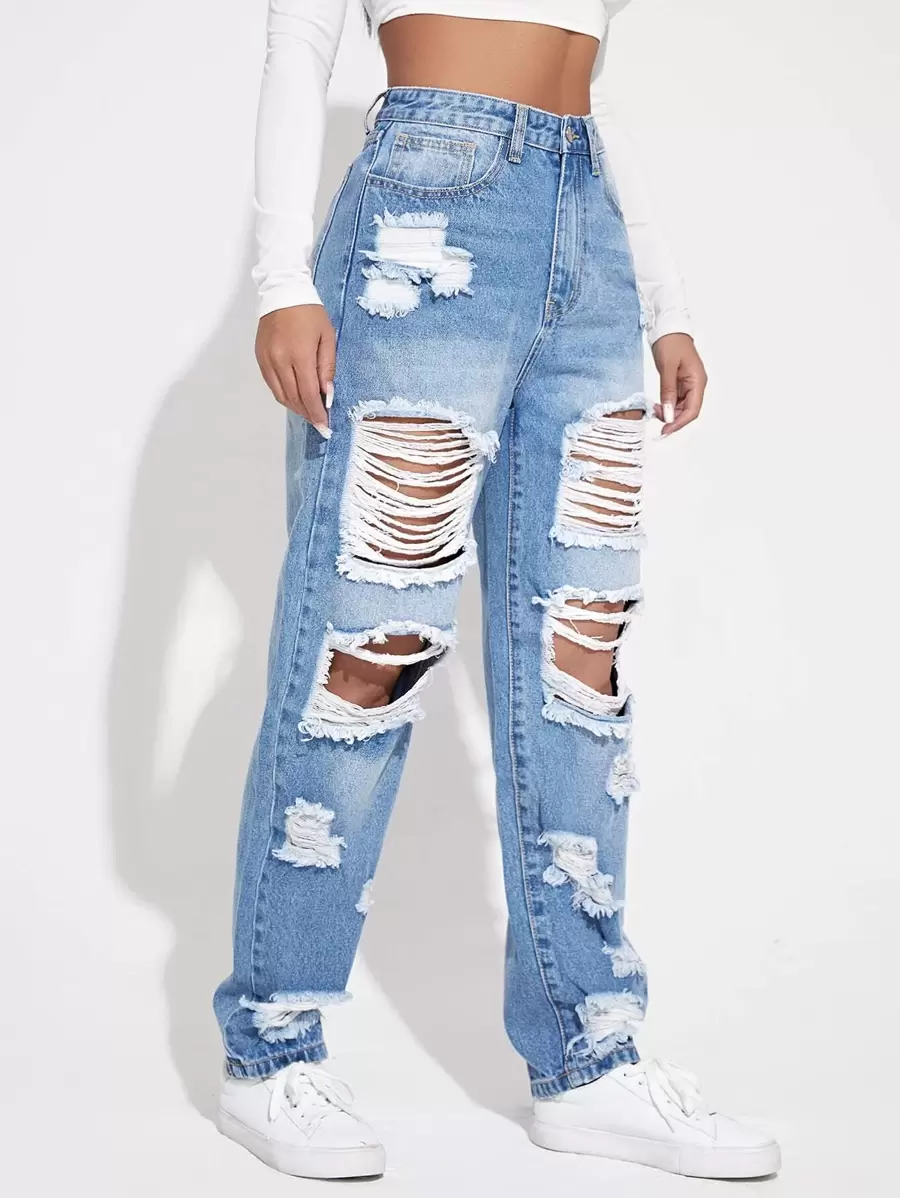 SHEIN EZwear Ripped Detail Boyfriend Jeans - Light Wash - View 1