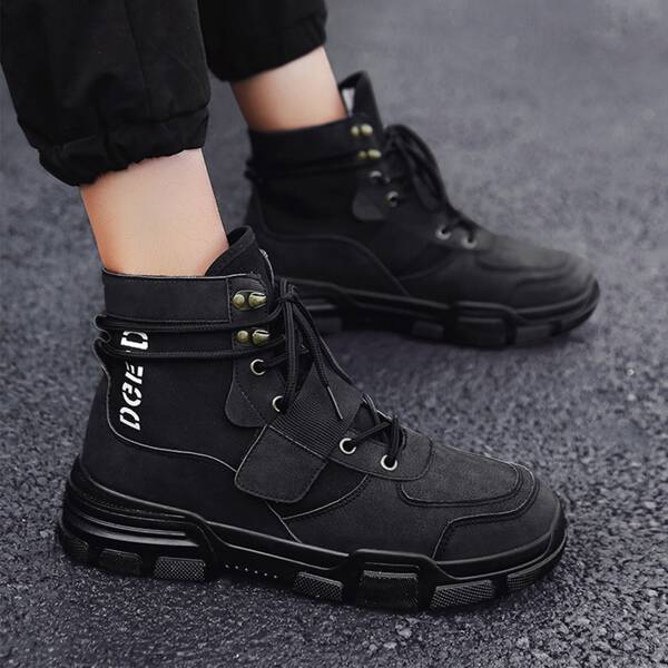 

Men Letter Graphic Lace Up Front Combat Boots, Black