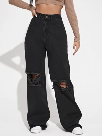 SHEIN ICON High Waist Ripped Frayed Wide Leg Jeans