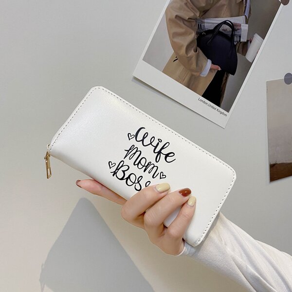 

Letter Graphic Zip Around Long Wallet, White