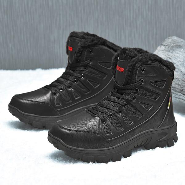 

Men Lace-up Front Plush Inside Boots, Black
