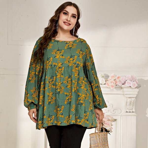 

Plus Allover Floral Print Lantern Sleeve Peplum Hem Blouse, Green