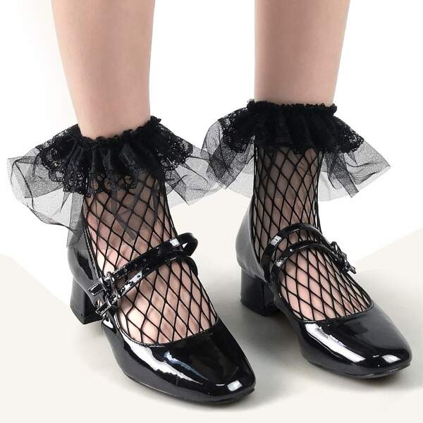 

Lace Trim Fishnet Socks, Black