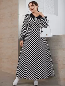Plus Checkerboard Plaid A-line Dress - Black and White - View 1
