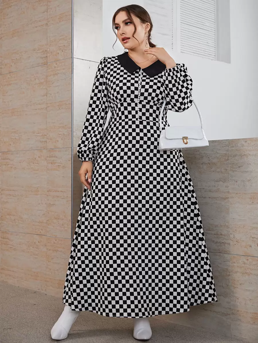 Plus Checkerboard Plaid A-line Dress - Black and White - View 1