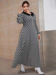 Plus Checkerboard Plaid A-line Dress - Black and White - View 3