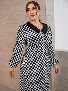 Plus Checkerboard Plaid A-line Dress - Black and White - View 5