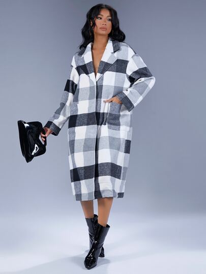SHEIN Essnce Buffalo Plaid Dual Pocket Drop Shoulder Overcoat