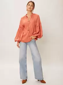 SHEIN VCAY Viscose Balloon Sleeve Top - Coral Orange - View 1