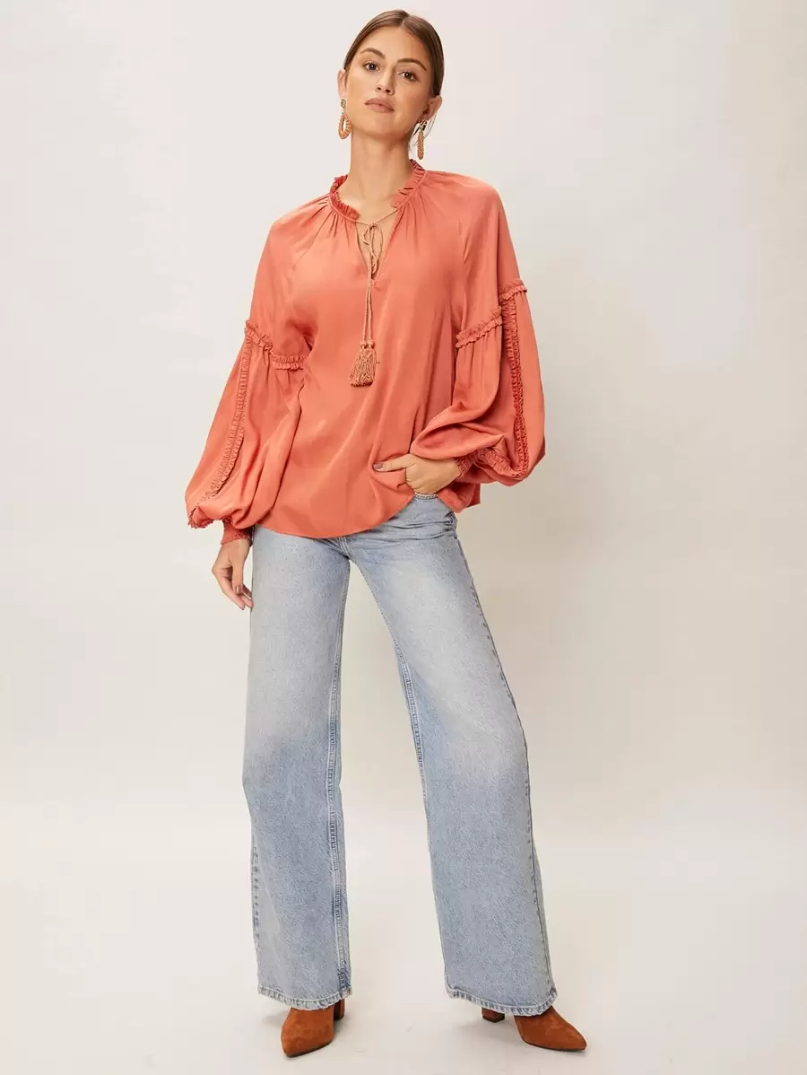 SHEIN VCAY Viscose Balloon Sleeve Top - Coral Orange - View 1
