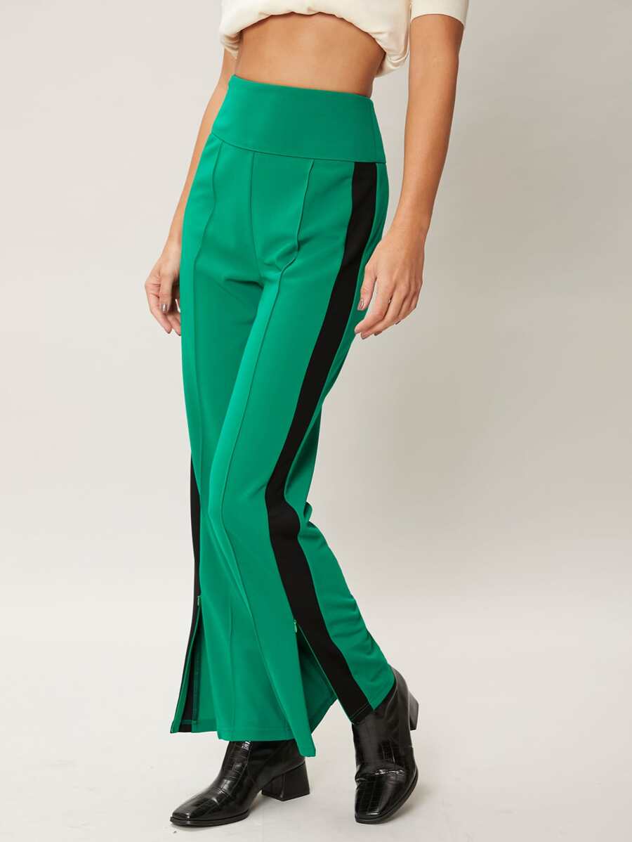 SHEIN Unity Quần nữ Dây kéo Sọc bên Khối Màu Giải trí - màu xanh lá - Xem 1