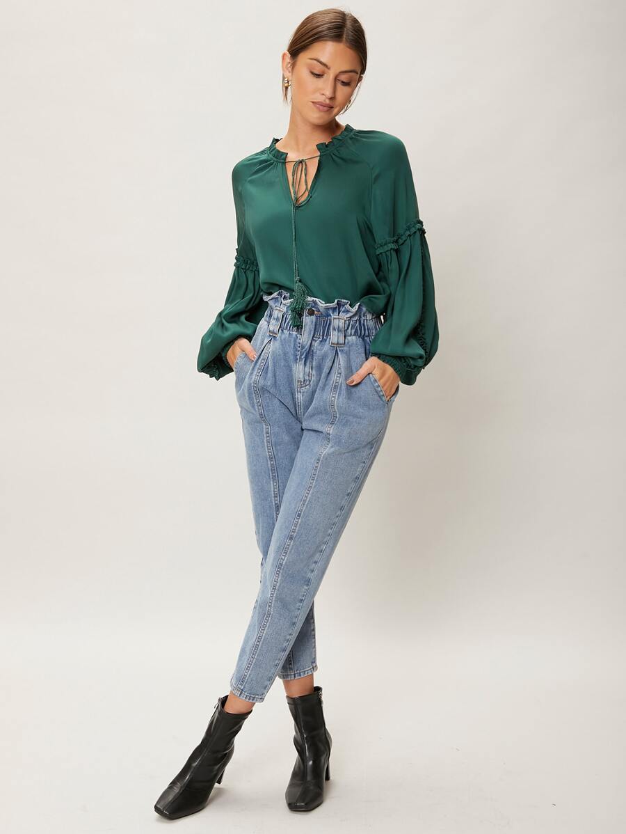 SHEIN Essnce Viscose Balloon Sleeve Top - Dark Green - View 1