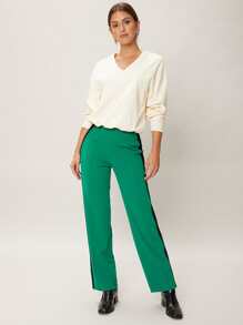 SHEIN Unity Quần nữ Dây kéo Sọc bên Khối Màu Giải trí - màu xanh lá - Xem 3